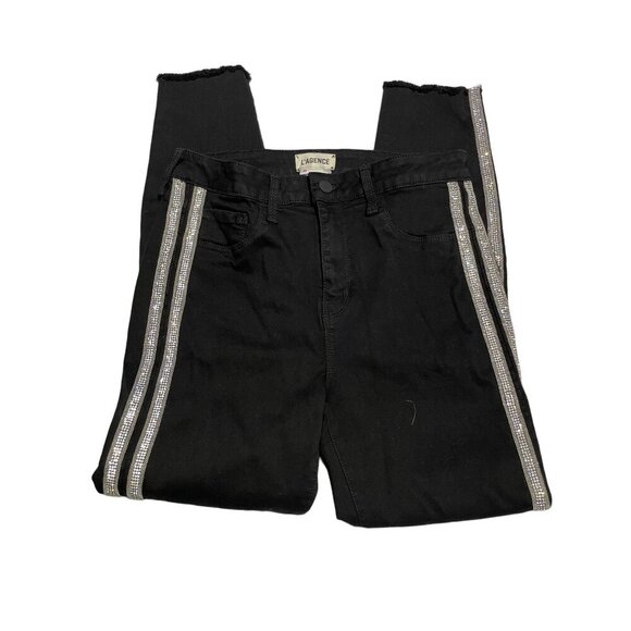 L’Agence Margo Women's Jeans Crop Embellished Side Stripe Rhinestone Black Size - Picture 1 of 4